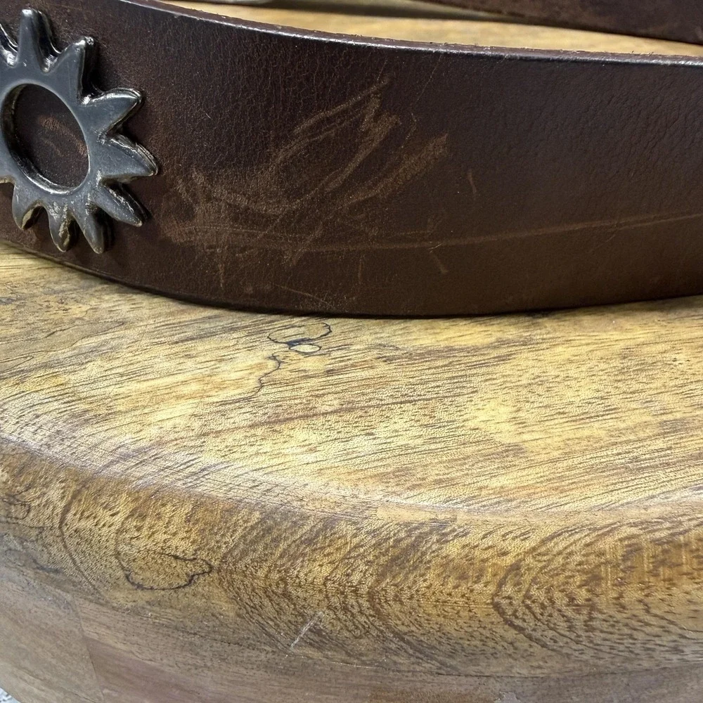 Western Leather Belt Mens Large Brown Sunburst Silver Buckle Canada Sun Aztec‎